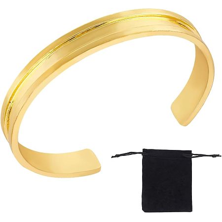 UNICRAFTALE 1Pc Golden Grooved Open Cuff Bangle 5.8cm Inner Alloy Hair Tie Cuff Bracelet Metal Blank Bracelet Empty Bangles Gemstone Leather Inlay Bracelet with Velvet Pouches for Women Girls Gift