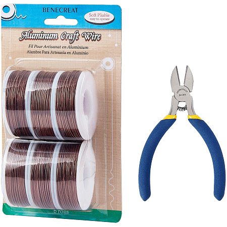 BENECREAT 6 Rolls 18 Gauge Aluminum Craft Wire with Side Cutting Plier, 450 Feet Jewelry Beading Wire Bendable Metal Wire for Jewelry Making Craft, Brown