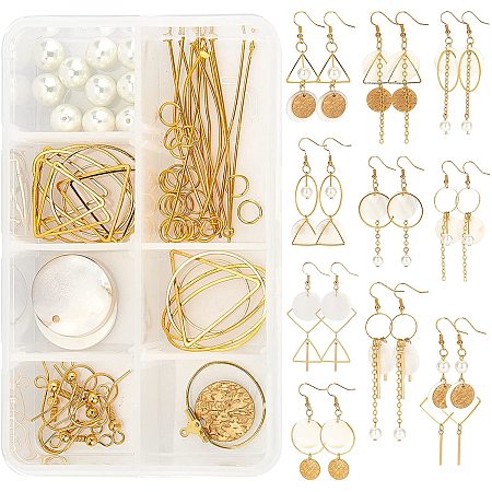 SUNNYCLUE 1 Box DIY 10 Pairs Geometric Shell Dangle Earrings Making Kit Metal Long Drop Earring with Flat Round Shell Pendant Charms Brass Linking Rings for Jewelry Making Supplies Craft Instruction