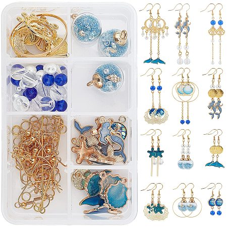 SUNNYCLUE 1 Box DIY 12 Pairs Blue Theme Earrings Making Kits Enamel Whale Tail Mermaid Shell Pendants Charms Glass Globe Pendants & Round Glass Beads & Earring Hooks for DIY Making Supplies Craft
