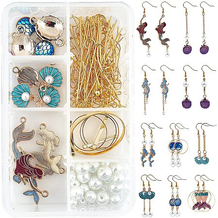 SUNNYCLUE 1 Box DIY 10 Pairs Ocean Style Earring Making Kits Mermaid Tail Shell Enamel Charms Pendants Findings & Glass Pearl Beads for Handmade Earrings Beginner, Golden