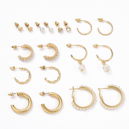 ARRICRAFT Ring & Round Rhinestone Stud Earrings, Imitation Pearl Beads Drop Half Hoop Earrings, Open Hoop Earrings for Women, Golden, 6~35.5x1.5~7mm, Pin: 0.8mm, 9 pairs/set