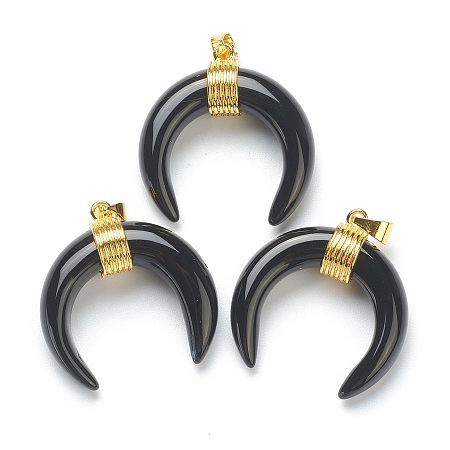 Honeyhandy Natural Obsidian Pendants, with Golden Brass Findings, Double Horn/Crescent Moon, 31~33x30x10mm, Hole: 6x4mm