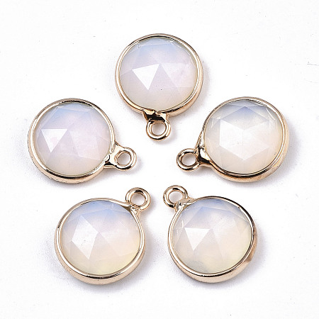 Honeyhandy Opalite Charms, with Light Gold Plated Brass Edge and Loop, Half Round/Dome, Faceted, 14x11x5mm, Hole: 1.5mm
