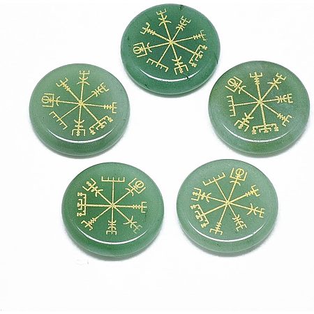 SUPERFINDINGS 5Pcs Natural Green Aventurine Cabochons Crystals Flat Round Gemstone Cabochons 25mm Chakra Stones with Nordic Pattern for Jewelry Making