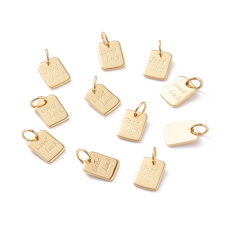 Honeyhandy Brass Charms, with Jump Rings, Long-Lasting Plated, Rectangle with Word Good Luck, Real 18K Gold Plated, 9x7x1mm, Jump Ring: 5x1mm, Inner Diameter: 3mm