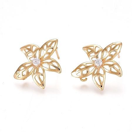 Arricraft Brass Stud Earring Findings, for DIY Earring Making, with Clear Cubic Zirconia and Loop, Flower, Real 18K Gold Plated, 18x17mm, Hole: 1.2mm, Pin: 0.8mm