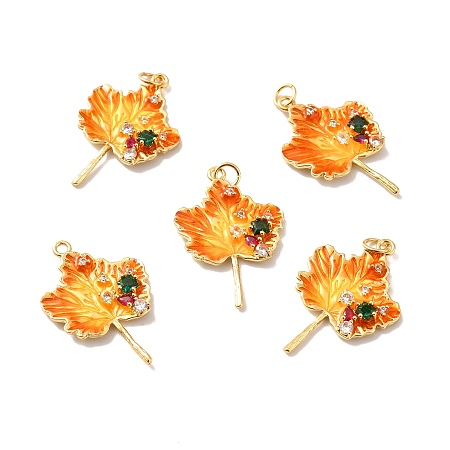 Rack Plating Brass Micro Pave Cubic Zirconia Pendants, Cadmium Free & Lead Free & Nickle Free, with Enamel and Jump Ring, Real 18K Gold Plated, Maple Leaf, Dark Orange, 30x20x3.5mm, Jump Ring: 5x0.6mm, Inner Diameter: 3.5mm