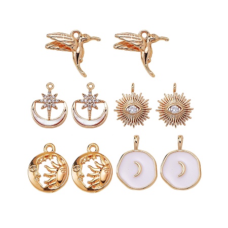 10Pcs 5 Style Brass Pendants, with Freshwater Shell, Cubic Zirconia, Enamel, Mixed Shapes, Real 18K Gold Plated, 2pcs/style
