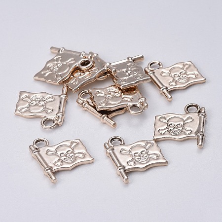 Nickel Free & Lead Free Golden Alloy Charms Pendants, Long-Lasting Plated, Flag with Pirate Style Skull Pattern, 16x14x2mm, Hole: 2mm