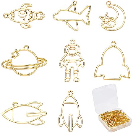 SUNNYCLUE 1 Box 32Pcs 8 Styles Gold Open Bezel Charms Hollow Frame Pendant Space Theme Rocket Spaceman Moon Plane Shape Blanks Charms Resin Molds for Earring Necklace Bracelet DIY Crafts Supplies