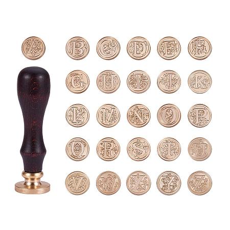 PandaHall Elite Brass Retro Alphabet Initials Wax Sealing Stamp, 26 Letters A-Z Wax Seal Stamp with 2 pcs Wooden Handle for Post Decoration DIY Card Making, Golden
