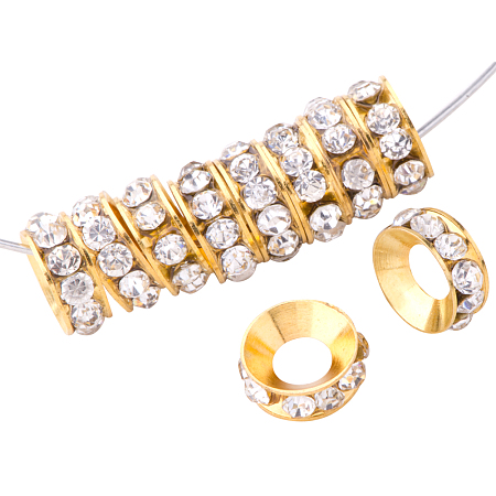 PandaHall Elite Rondelle 10x4mm Golden Grade A Brass Rhinestone Spacer Beads for Craft