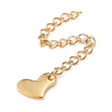 Honeyhandy 304 Stainless Steel Chain Extender, Curb Chain, with 202 Stainless Steel Charms, Heart, Golden, 63mm, Link: 3.7x3x0.5mm, Heart: 8.5x11x1mm
