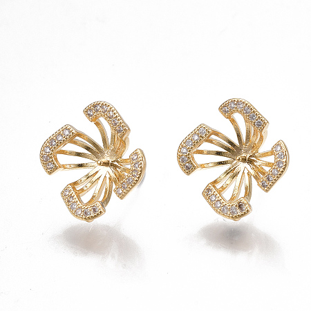 Arricraft Brass Stud Earring Findings, For Half Drilled Beads, with Loop and Cubic Zirconia, Real 18K Gold Plated, Flower, Clear 15x15mm, Hole: 1mm, Pin: 0.8mm