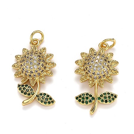 Honeyhandy Brass Micro Pave Cubic Zirconia Pendants, Long-Lasting Plated, with Jump Ring, Sunflower, Real 18K Gold Plated, 25x14x6.5mm, Jump Ring: 5x1mm, Hole: 3mm