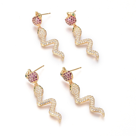 Arricraft Brass Micro Pave Cubic Zirconia Stud Earrings, Dangle Earrings, Long-Lasting Plated, Snake, Golden, 40mm, Pin: 0.7mm