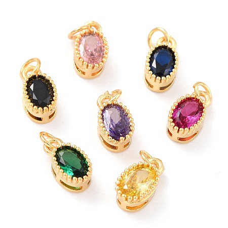Honeyhandy Real 18K Gold Plated Brass Inlaid Cubic Zirconia Charms, with Jump Ring, Long-Lasting Plated, Oval, Mixed Color, 9.5x5x4mm, Jump Ring: 4x0.5mm, 2.5mm Inner Diameter