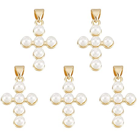 NBEADS 5 Pcs Cross Shell Pearl Pendants, Natural Shell Pearl Charms with Brass Findings Real 18K Gold Plated for DIY Necklace Bracelet Jewelry Makings