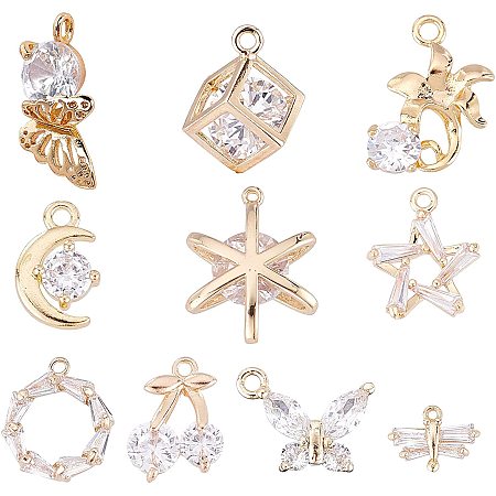 Pandahall Elite 10pcs 10 Styles Cubic Zirconia Pendants Golden Butterfly Hexagram Cube Ring Moon Star Cherry Lily Charms for Earring Bracelet Necklace Jewelry Making
