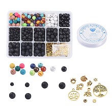 DIY Chakra Stretch Bracelet Making Kits, with Elastic Crystal Thread, Round Lava Rock Gemstone & Glass Beads, Alloy Pendants & Beads, Antique Golden