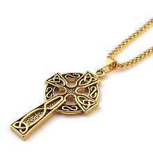 Honeyhandy Titanium Steel Claddagh Cross Pendant Necklaces, with Box Chains, Antique Golden, 23.62 inch(60cm)