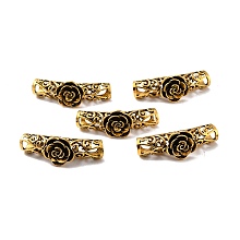 Honeyhandy Tibetan Style Alloy Curved Tube Beads, Curved Tube Noodle Beads, Hollow, with Rose Flower, Antique Golden, 42x14mm, Hole: 7mm