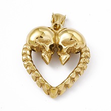 Honeyhandy Ion Plating(IP) 304 Stainless Steel Manual Polishing Pendants, Heart with Skull Charm, Antique Golden, 36.5x32x12.5mm, Hole: 7x4mm