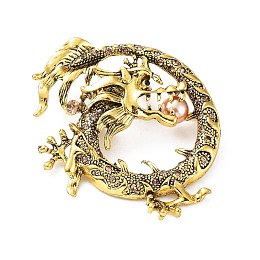 Honeyhandy Dragon Rhinestone Brooch Pins, with Plastic Pearl, Alloy Badge for Unisex, Antique Golden, 56x51x15mm