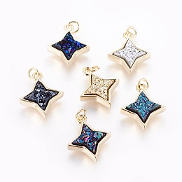 Honeyhandy Druzy Resin Pendants, with Brass Finding, Star, Golden, Mixed Color, 20x16.5x4~6mm, Hole: 3mm