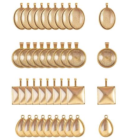 PandaHall Elite 64pcs Antique Golden Pendant Trays Bezel Blanks with Glass Cabochon Dome Tiles for DIY Crafting Photo Cameo Jewelry Making(Drop, Oval, Square, Flat Round)