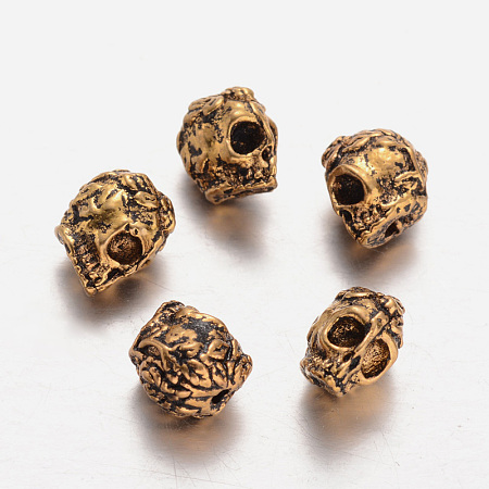 Honeyhandy Tibetan Style Alloy Beads, Skull, Antique Golden, 9x6x10mm, Hole: 1mm