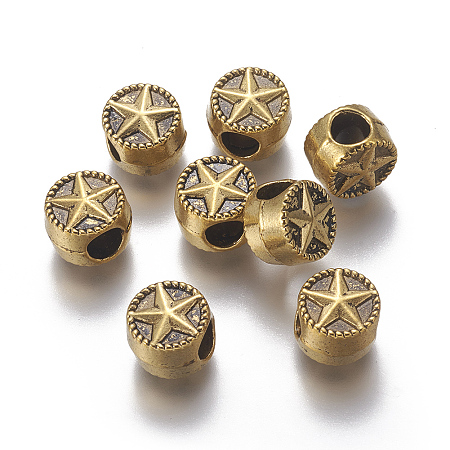 Honeyhandy Tibetan Style Alloy Beads, Flat Round with Star, Antique Golden, 10x7mm, Hole: 4mm
