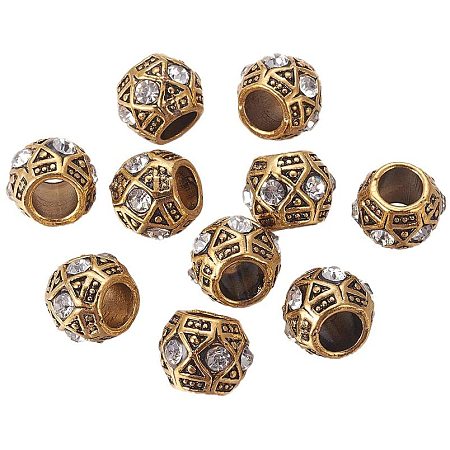 CHGCRAFT 10pcs Alloy European Beads Crystal Rhinestone Beads Large Hole Beads Antique Gold Rondelle Beads Bracelet Necklace Loose Beads for Jewelry Making Hole 5mm