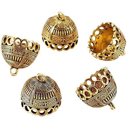 CHGCRAFT 10pcs Column Tibetan Style Alloy Cord Ends Caps Glue on Tassel Cap Bails with Loop for Jewelry Makings DIY Crafts 19.5x20mm, Antique Golden