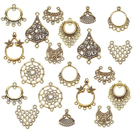 SUNNYCLUE 1 Box 40pcs 10 Styles Chandelier Connector Charms Component Links Alloy Hollow Filigree Pendants Flat Round Teardrop Triangle Shape for Jewelry Making Earring Supplies,Antique Gold