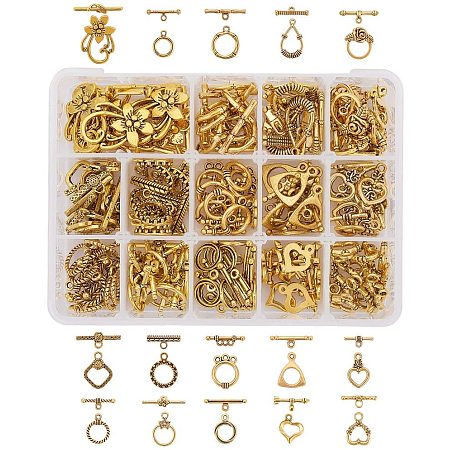 Pandahall Elite 120 Sets 15 Styles Toggle Clasps T-bar Closure Clasps Tibetan Style IQ Toggle Clasps TBar Clasps for Necklace Bracelet Jewelry Making (Antique Golden)