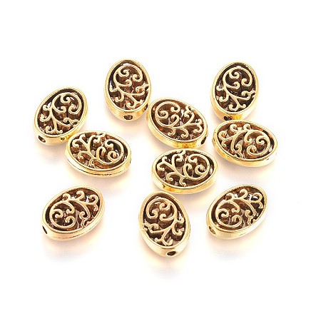 Honeyhandy Hollow Tibetan Style Alloy Beads, Oval, Antique Golden, 12x9x3mm, Hole: 1.6mm