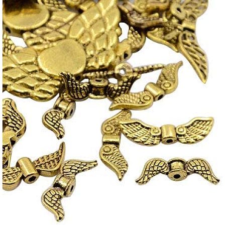 Pandahall Elite About 500 Grams Tibetan Angel Wing Charm Alloy Spacer Beads Assorted Styles for Jewelry Making Antique Golden