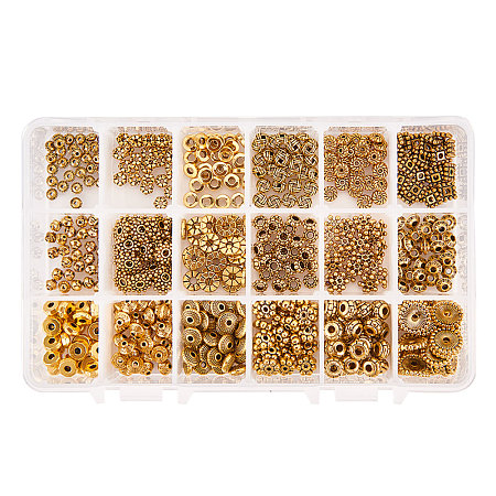 PandaHall Elite 540pcs 18 Styles Antique Golden Tibetan Style Alloy Spacer Beads Jewelry Findings Accessories for Bracelet Necklace Jewelry Making