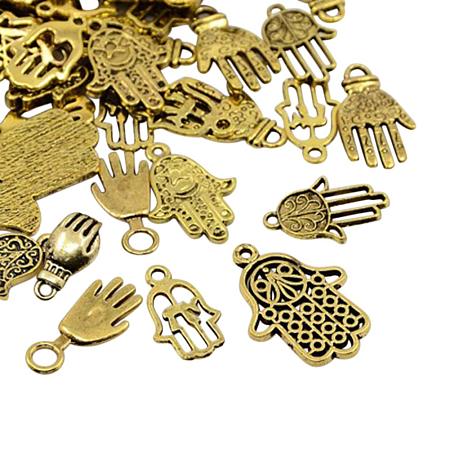 PandaHall Elite 500 Grams Tibetan Style Alloy Hamas Hand of Fatima Pendants Charm Mixed Styles for Jewelry Making Antique Golden