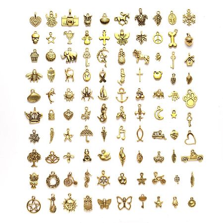 ARRICRAFT Tibetan Style Alloy Pendants, One Hundred Shapes, Antique Golden, 9~26x5~17x1~6mm, Hole: 1~2.5mm, about 100pcs/bag