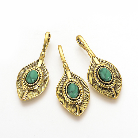 NBEADS Brass Pendants, with Synthetic Turquoise, Feather, Antique Golden, 36.5x15x5mm, Hole: 3x8mm