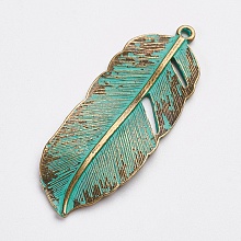 Honeyhandy Tibetan Style Alloy Pendants, Feather, Antique Bronze & Green Patina, 44x17x2mm, Hole: 1.5mm