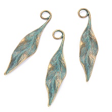 Honeyhandy Tibetan Style Alloy Pendants, Leaf, Antique Bronze & Green Patina, 75x16x2mm, Hole: 8mm