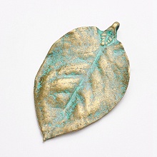 Honeyhandy Tibetan Style Alloy Pendants, Leaf, Antique Bronze & Green Patina, 77x46x3mm, Hole: 4mm