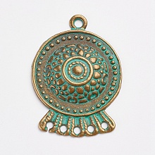 Honeyhandy Tibetan Style Alloy Chandelier Components Links, Flat Round, Antique Bronze & Green Patina, 44x32x4mm, Hole: 2~3mm