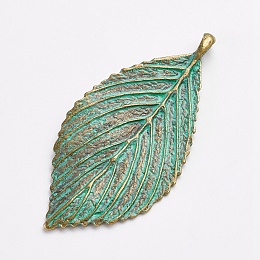 Honeyhandy Tibetan Style Alloy Pendants, Leaf, Antique Bronze & Green Patina, 70x35x2mm, Hole: 3.5x4mm