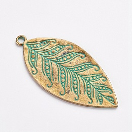 Honeyhandy Tibetan Style Alloy Pendants, Leaf, Antique Bronze & Green Patina, 60x28x1mm, Hole: 3mm