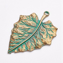 Honeyhandy Tibetan Style Alloy Pendants, Leaf, Antique Bronze & Green Patina, 70x47x2mm, Hole: 4mm